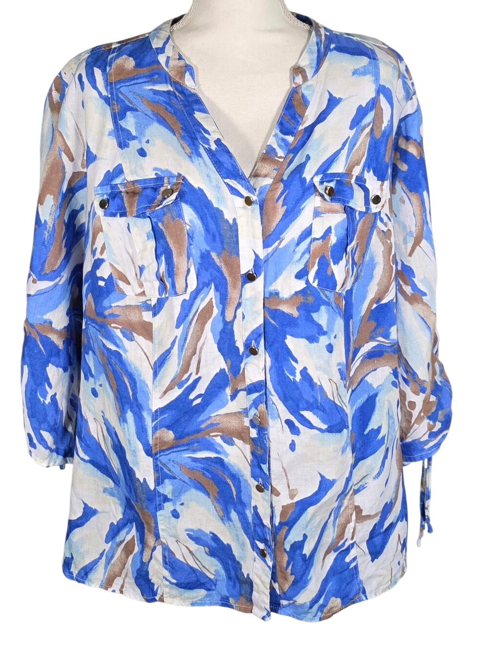 JM Collection 18W 100% Linen Blue Abstract Drawstring Sleeve Blouse